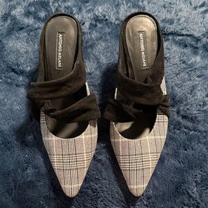 ANTONIO MELANI Black and Gray Plaid Mules